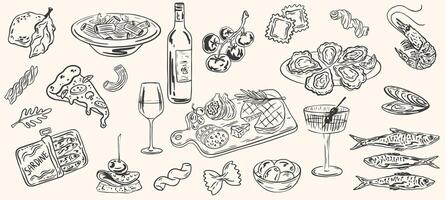 Hand drawn mediterranean crayon food illustration. Sketch style lunch or dinner. of Italian homemade pasta, wine, charcuterie illustrations for invitations, menus. La dolce vita italian style vector