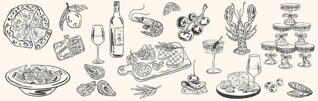 Hand drawn chalk food illustrations. Mediterranean dinner. Wine, spaghetti, oysters, charcuterie drawings for wedding invitations, menus. illustration La dolce vita italian sketch style. vector
