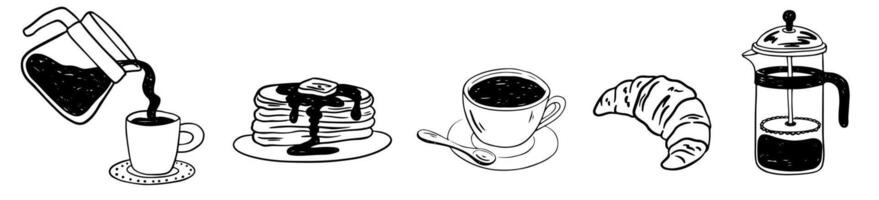 Hand drawn breakfast doodles set. illustration of coffee and food icons in chalk, crayon drawing style for invitations, menus, parties. Minimalist line art. La dolce vita italian style. vector
