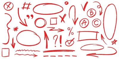 Red pencil hand drawn various oval, chalked arrows, check marks. crayon drawing. Charcoal symbols for diagrams. crayon underline, check mark, scribble shapes with rough texture elements vector