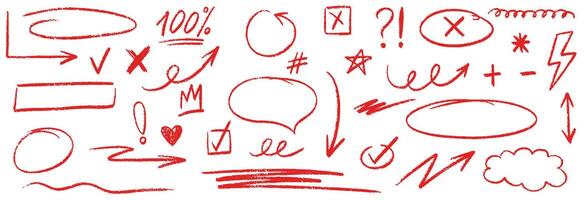 Red pencil hand drawn text underline, oval, chalked arrows, check marks. Doodle charcoal stroke emphases, arrow, highlight, speech bubble elements. Marker, pen brush stroke. illustration vector