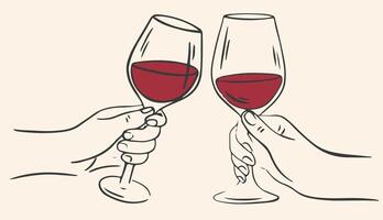 Hand drawn chalk wine cheers. Cheers or drinking couple toast drawing. Collection of whimsical doodle line art for wedding invitations, menus and parties. Clipart vintage ink doodle sketch style vector