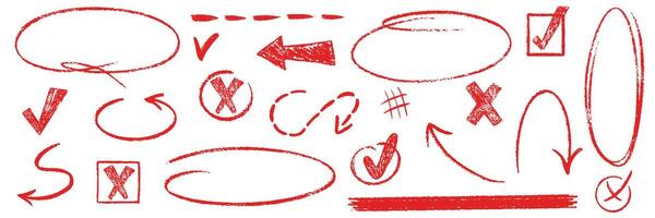 Red pencil hand drawn various oval, chalked arrows, check marks. doodle marker drawing. Hand drawn charcoal symbols for diagrams. Freehand grunge red strikethrough and underline elements, vector