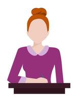 Redhead woman sitting at a desk, holding a pen and writing on paper. She is dressed in smart, modern attire, and her hair in a bun, with her posture suggesting focus and productivity. vector
