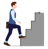 Professional, faceless man wearing suit trousers, vest, and shirt holds a briefcase while walking up a staircase. An upward arrow follows the steps, progress, improvement, career growth, and ambition. vector