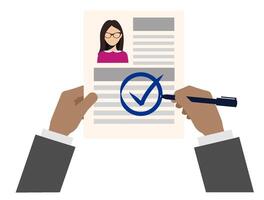 Illustration of a man holding a CV and a pen, ready to sign or approve. The CV features a profile photo of a woman and a visible check mark, indicating approval or successful selection. vector