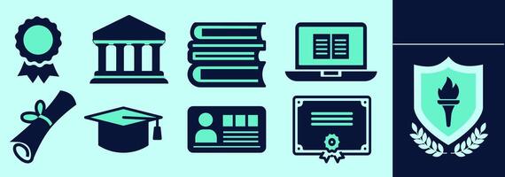 University icon set with university columns, diplima scroll, cap, textbooks, collage ID, ribbon, certificate, laptop with homework, emblem and laurels. Editable icon elements, size and color. vector