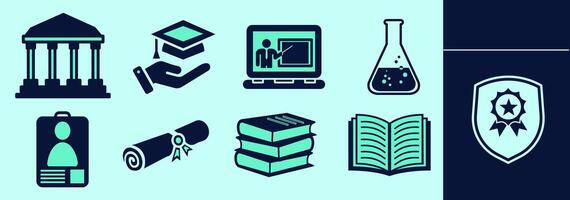 University icon set with columns, badge, diplima scroll, hand holding cap, textbooks, notebook, laptop, online course, research lab flask, emblem and ribbon. Editable icon elements, size and color. vector