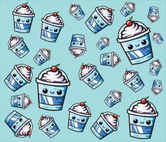 Background Pattern of refreshing ice drink with cream and cherry in a blue cup and cherries, perfect for kids, cafe menus, and packaging design vector