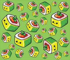 Pattern of Cute Sushi with cartoon style in a green background, perfect for kids, cafe menus, and packaging design vector