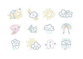 Weather cute icons drawing in cartoon kid style on white background vector