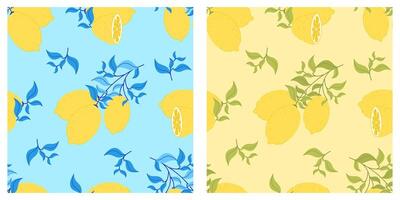 Set of seamless patterns with lemons on yellow and turquoise background. Bright Mediterranean citrus design in flat style. vector