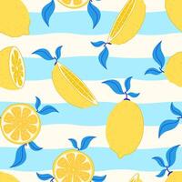 Seamless pattern with lemons, lemon wedges, slices on a striped turquoise background. Bright Mediterranean citrus design in a flat style. vector