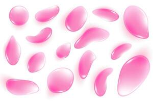 Pink water drops on white background. Jelly serum and cosmetic transparent oil. Liquid gel and cream for skincare. Soap bubbles of shampoo and shower gel. Splashes and drips top view vector