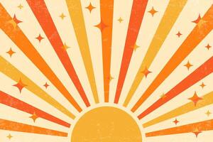 Groovy sun background with stars and radial pattern of rays. Retro trippy poster with orange beams. Abstract 70s summer poster with grunge texture. vector