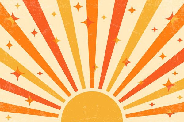 Groovy sun background with stars and radial pattern of rays. Retro trippy poster with orange beams. Abstract 70s summer poster with grunge texture.