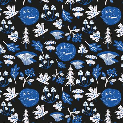 Wild forest seamless pattern in folk boho style. Woodland background in Scandinavian style with autumn leaves, fox, mushrooms, branches