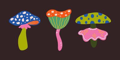 Mystical mushrooms cartoon elements in groovy retro style. Woodland illustration in funky hippie style for stickers, posters, badges. Strange forest plant elements for holidays design vector