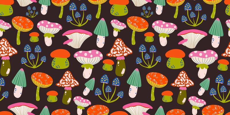 Seamless pattern with different mushrooms in retro hippie cartoon style. Abstract psychedelic forest mushrooms background for textile, fabric, print, wrapping paper. illustration