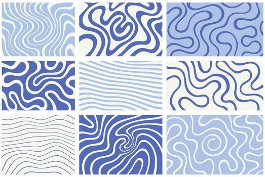 Blue Abstract Wavy Pattern Set Fluid Line Backgrounds in Hand-Drawn Style vector