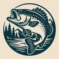 Jumping Bass Fish in Wilderness Retro Outdoor Fishing Emblem Design vector