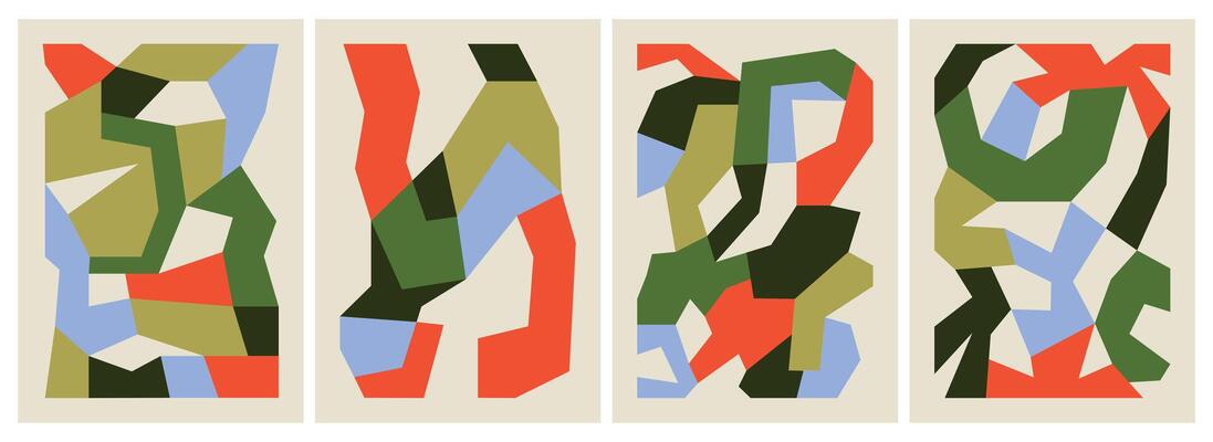 Set of abstract colorful decorative posters with cut-out shapes