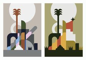 Flat illustration of an exotic minimalist landscape with sober and geometric architectural elements vector