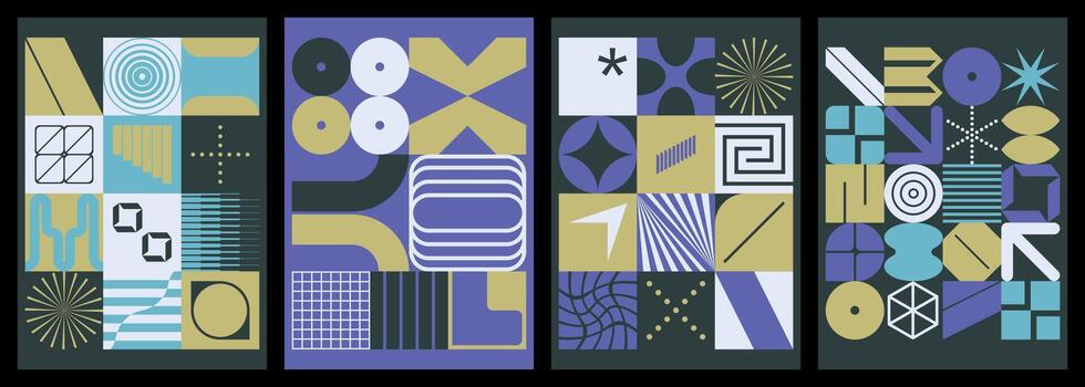 Set of brutalist compositions with graphic and retro futuristic shapes and symbols vector