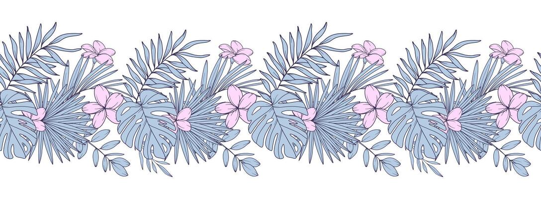 Seamless Botanical Border with Tropical Plants and Flowers. Seamless Horizontal Floral Background. Line Art Drawing. Minimalist Flower Design. Flower garland seamless. Border Frame