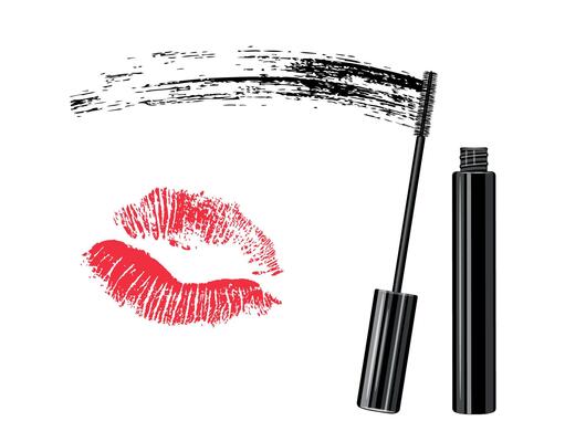 Mascara with a brush and a black stroke in a cartoon style. Illustration of red kiss print, mascara tube with brush, mascara stroke isolated on white background. Logo. Makeup.