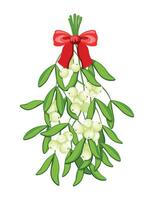 Mistletoe branch in cartoon style. Illustration of mistletoe branch with green leaves, bright berries tied with red bow with ribbons, isolated on white background.Christmas decoration. vector