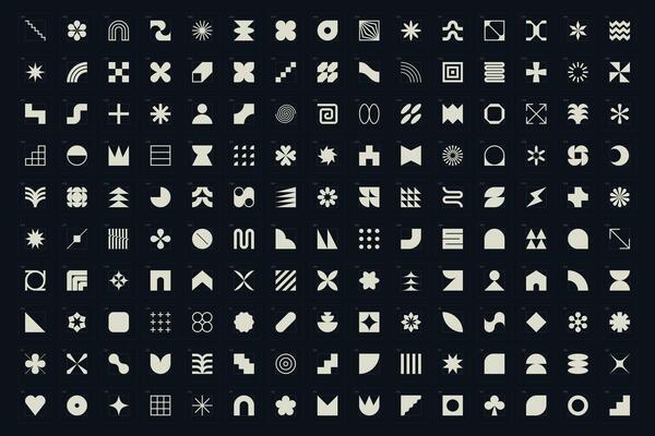 Collection of geometric, monochrome and abstract shapes and symbols