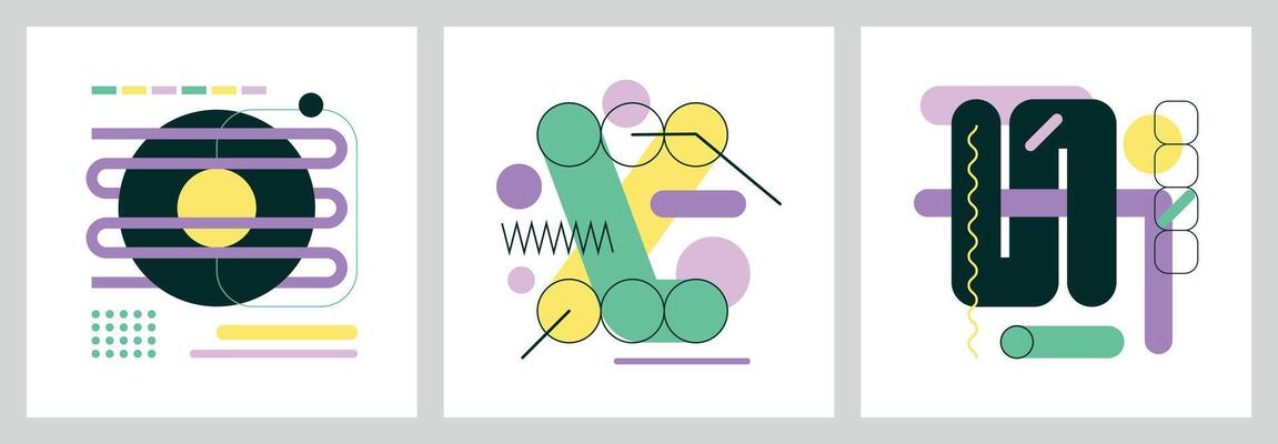 Set of abstract futuristic compositions with flat geometric modern elements
