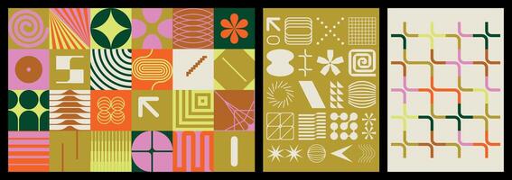 Set of modern abstract golden, red and green compositions with luxurious and geometric elements vector