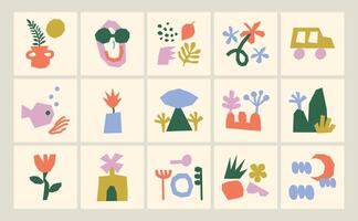Various summer scenes with naive shapes vector