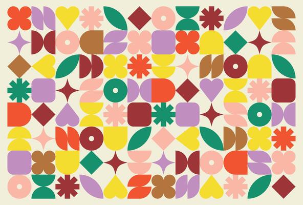 Geometric colorful pattern with minimalist shapes and symbols