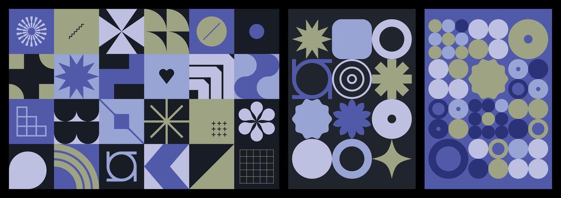 Set of modernist compositions with blue and black shapes and symbols