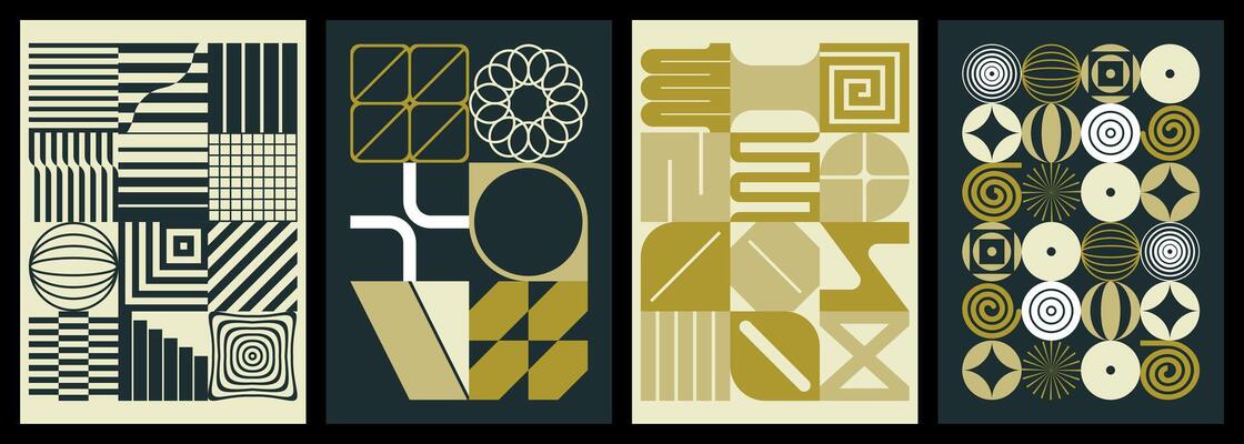Set of golden modern abstract compositions with geometric elements