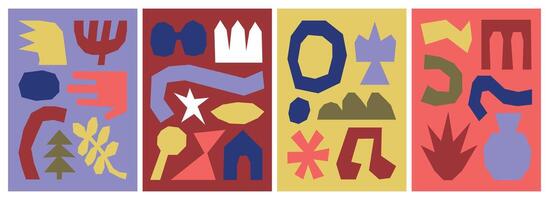 Set of colorful abstract compositions with organic doodles elements vector