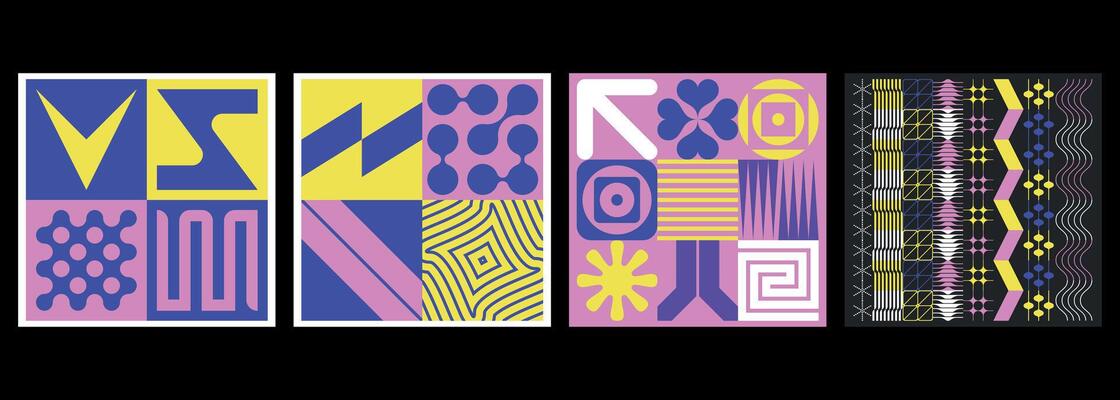 Set of modern and colorful abstract covers with minimalist symbols and shapes