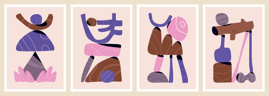 Set of artistic compositions with hand-drawn naive shapes in purple, pink and brown