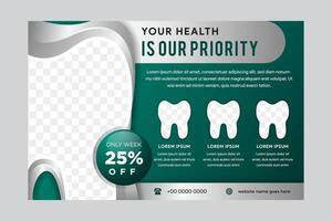 Dentistry tooth care creative banner. illustration of Dental icons. illustration of tooth with gradient silver color in left side used space for photo collage. green background. vector