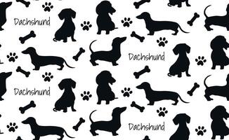 Seamless pattern Dachshund Dog, paw, bone silhouette. vector