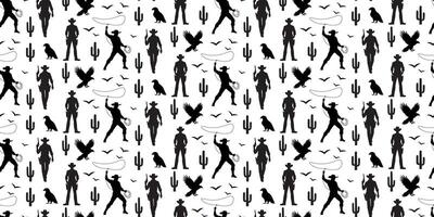 Seamless pattern silhouettes of a cowboy, an eagle, cacti vector