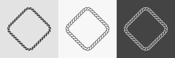 Rope rhomb frames. Set of border cord silhouette, line art and inversion. Seamless shape. Jewelry design, text frame vector