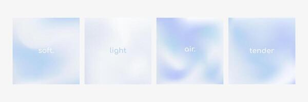 Set of gentle mesh gradient backgrounds in blue and violet tones with minimal words soft, light, air, tender. Smooth abstract texture with airy and calm feel vector