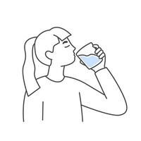 Woman drinking water from glass. Line art illustration of healthy hydration and lifestyle. Minimalist design for health and wellness concept vector