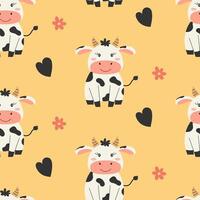 Seamless pattern with cute sitting cow and flowers. Pattern for fabric, wrapping, textile, wallpaper, clothing. illustration. vector