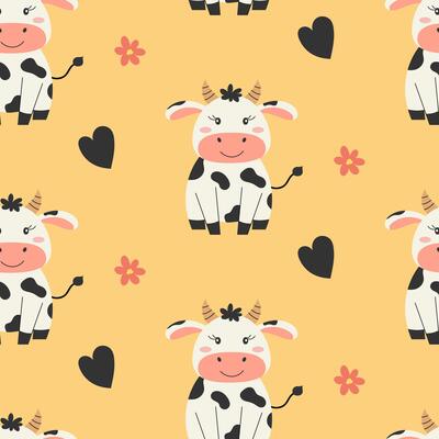 Seamless pattern with cute sitting cow and flowers. Pattern for fabric, wrapping, textile, wallpaper, clothing. illustration.