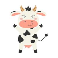 Cheerful black and white cow character standing and smiling. Farm animal. illustration. vector